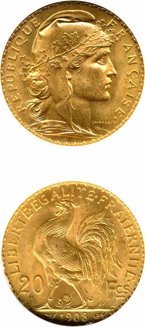 image for: France: 1908 20 Fr (KM-857) DGS MS64