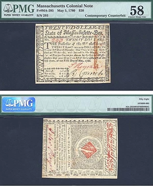 image for: Mass: 1780 $20 5-May PMG AU58 (Fr.MA285)*Contemporary Counterfeit*