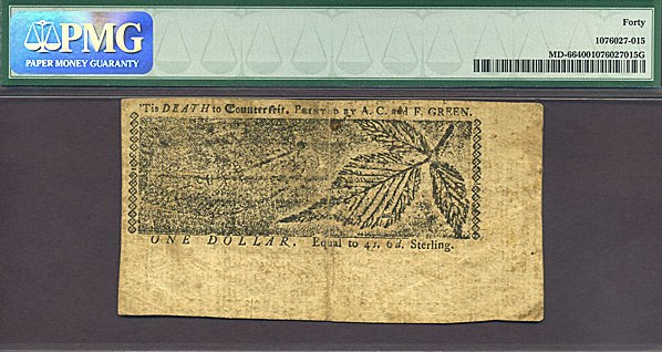 image for: Maryland: 1774 $1 10-Apr PMG XF40 (Fr.MD66)