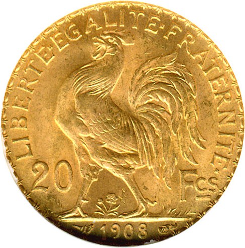 image for: France: 1908 20 Fr (KM-857) DGS MS64