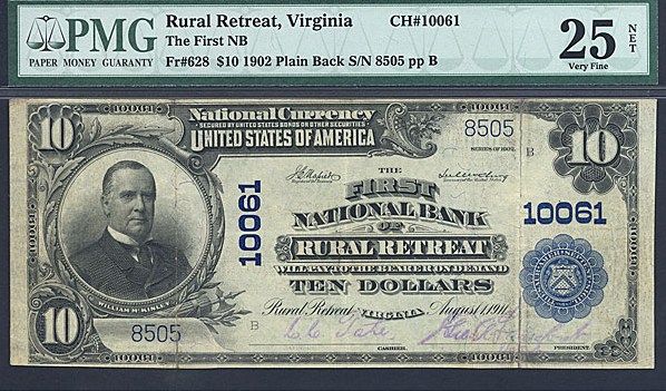 image for: 1902 $10 FNB of Rural Retreat, VA PMG VF25 Split Repairs (Fr.628, Ch #10061,Plainback)