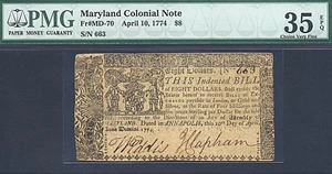 image for: Maryland: 1774 $8 10-Apr PMG VF35 EPQ (Fr.MD70)