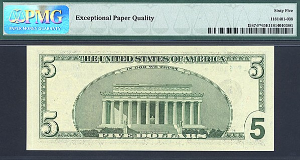 image for: Fr.1987F* (BF* Block) 1999 $5 Fort Worth, TX PMG Gem CU65 EPQ [BF17968041] Minor Overinking In S/N