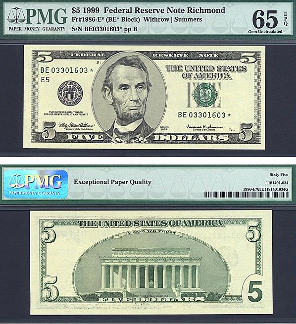 image for: Fr.1986E (BE* Block) 1999 $5 Washington, DC PMG Gem CU65 EPQ [BE03301603] *Star* 