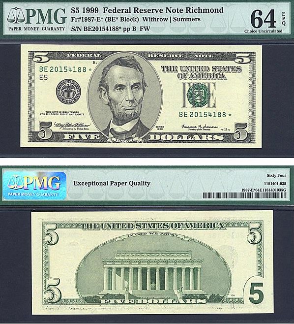 image for: Fr.1987E (BE* Block) 1999 $5 Fort Worth, TX PMG Choice CU64 EPQ [BE20154188] *Star* 