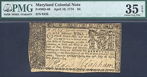image for: Maryland: 1774 $4 10-Apr PMG VF35 EPQ (Fr.MD68)