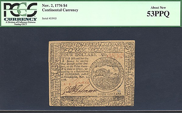 image for: Cont Congress: 1776 $4 2-Nov PMG AU53 (Fr.CC49)