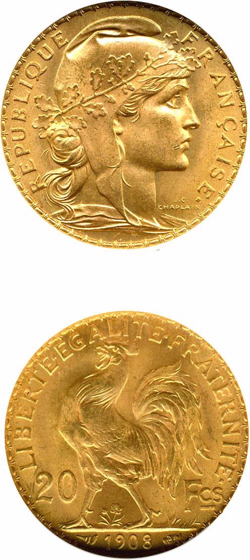 image for: France: 1908 20 Fr (KM-857) DGS MS64