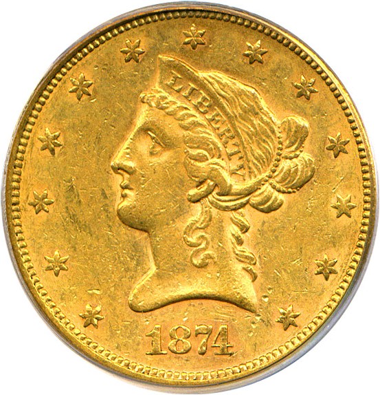 image for: 1874 $10 PCGS AU50