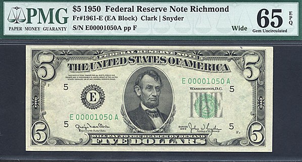 image for: 1950 $5 Dark Green Seal PMG Gem CU65 EPQ [E00001050A] (Fr.1961E, EA Block, Wide)