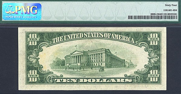 image for: 1934D $10 PMG Choice CU64  (Fr.2009-D, DB Block)