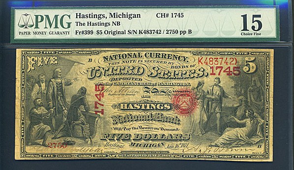 image for: Fr.399 Original $5 First Charter Period PMG F15 #1745 Michigan [K483742] Hole Repair