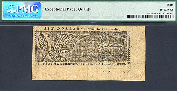 image for: Maryland: 1774 $6 10-Apr PMG VF30 EPQ (Fr.MD69)