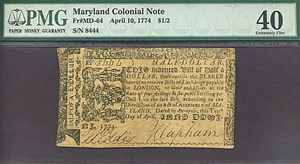 image for: Maryland: 1774 $1/2 10-Apr PMG XF40 (Fr.MD64)