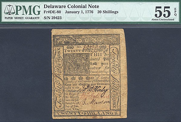 image for: Delaware: 1776 20s 1-Jan PMG AU55 EPQ (Fr.DE80)
