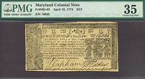 image for: Maryland: 1774 $2/3 10-Apr PMG VF35 (Fr.MD65)