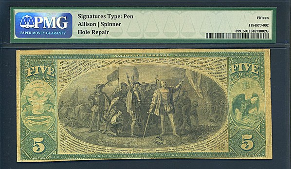 image for: Fr.399 Original $5 First Charter Period PMG F15 #1745 Michigan [K483742] Hole Repair