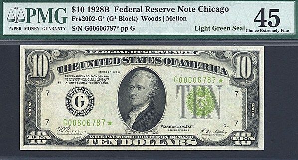 image for: 1928B * Star * $10 PMG XF45 (Fr.2002-G , G* Block)