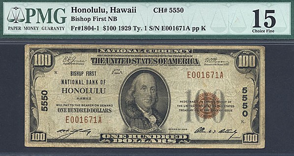 image for: Fr.1804-1 1929 $100  PMG F15 #5550 Hawaii [E001671A]