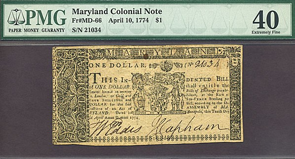 image for: Maryland: 1774 $1 10-Apr PMG XF40 (Fr.MD66)