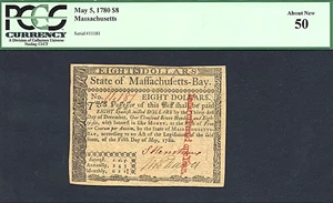 image for: Mass: 1780 $8 5-May PCGS AU50 (Fr.MA284)