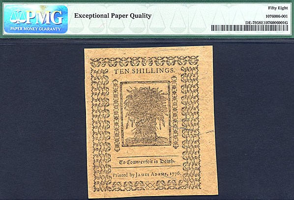 image for: Delaware: 1776 10s 1-Jan PMG AU58 EPQ (Fr.DE79)