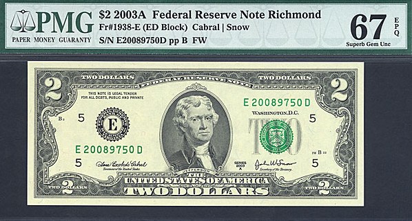 image for: Fr.1938-E (ED Block) 2003 $2 Ft. Worth, TX PMG Gem CU67 EPQ [E20089750D]