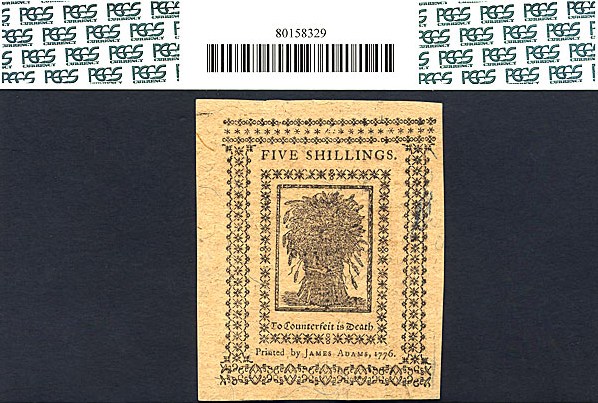 image for: Delaware: 1776 5s 1-Jan PCGS Choice CU64 (Fr.DE77)