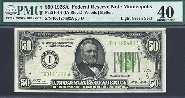 image for: 1928A $50  PMG XF40  [I00125482A] (Fr.2101-I, IA Block, Light Green Seal)