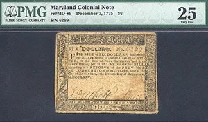 image for: Maryland: 1775 $6 7-Dec PMG VF25 (Fr.MD89)