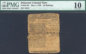 image for: Delaware: 1758 20s 1-May PMG VG10 (Fr.DE60)