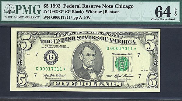 image for: Fr.1983G (G* Block) 1993 $5 Fort Worth, TX PMG Choice CU64 EPQ [G00017311] *Star* 