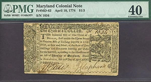 image for: Maryland: 1774 $1/3 10-Apr PMG XF40 (Fr.MD63)