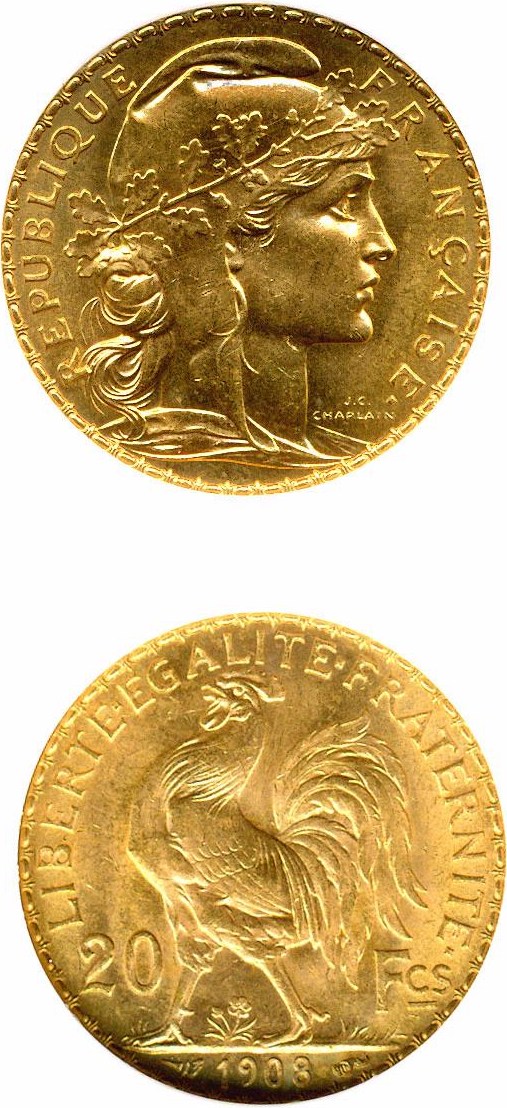image for: France: 1908 20 Fr (KM-857) DGS MS64