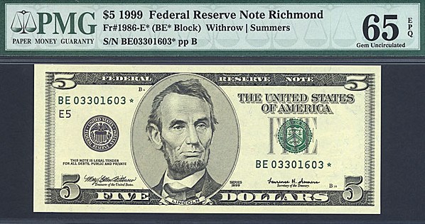image for: Fr.1986E (BE* Block) 1999 $5 Washington, DC PMG Gem CU65 EPQ [BE03301603] *Star* 