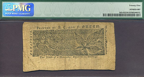 image for: Maryland: 1774 $2/9 10-Apr PMG VF25 (Fr.MD62)