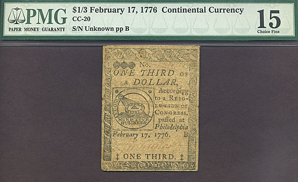 image for: Continental Congress: Fr.CC20 1776 $1/3 17-Feb PMG F15  [Unknown]