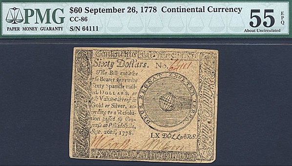 image for: Cont Congress: 1778 $60 26-Sep PMG AU55 EPQ (Fr.CC86)