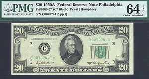 image for: 1950A * Star * $20 PMG Choice CU64 EPQ (Fr.2060-C, C* Block)