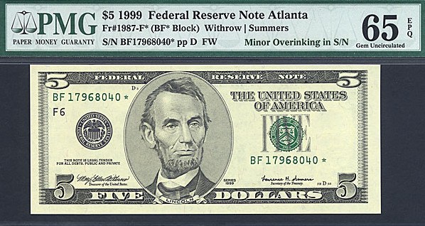 image for: Fr.1987F* (BF* Block) 1999 $5 Fort Worth, TX PMG Gem CU65 EPQ [BF17968040] Minor Overinking In S/N
