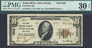 image for: 1929 $10 NB of Toms River, NJ PMG VF30 EPQ (Fr.1801-2,Ty.2, Charter #2509)