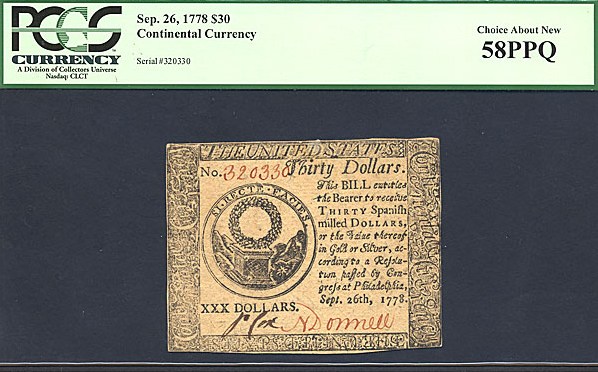 image for: Cont Congress: 1778 $30 September 26 PCGS AU58 PPQ (Fr.CC83)