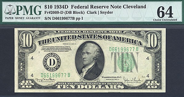 image for: 1934D $10 PMG Choice CU64  (Fr.2009-D, DB Block)