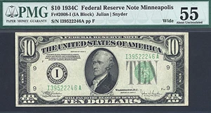 image for: 1934C $10 PMG AU55 (Fr.2008-I, IA Block, Wide)