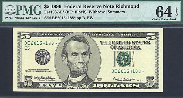 image for: Fr.1987E (BE* Block) 1999 $5 Fort Worth, TX PMG Choice CU64 EPQ [BE20154188] *Star* 