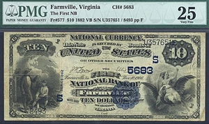 image for: 1882 $10 1st NB of Farmville, VA PMG VF25 (Fr.577, Ch #5683, Valueback)