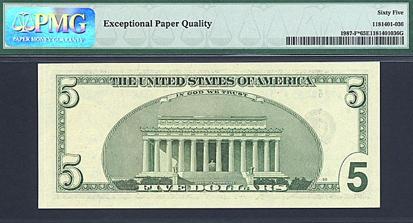 image for: Fr.1987F* (BF* Block) 1999 $5 Fort Worth, TX PMG Gem CU65 EPQ [BF17968039] Minor Overinking In S/N