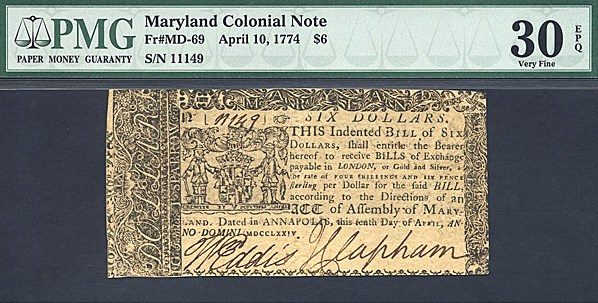 image for: Maryland: 1774 $6 10-Apr PMG VF30 EPQ (Fr.MD69)