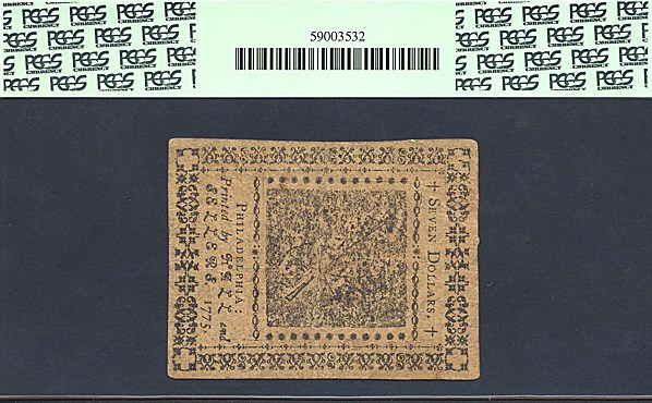 image for: Continental Currency: Fr.CC7 1775 $7 May 10 PCGS AU50 PPQ [45226]