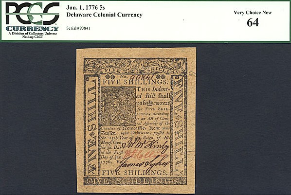 image for: Delaware: 1776 5s 1-Jan PCGS Choice CU64 (Fr.DE77)